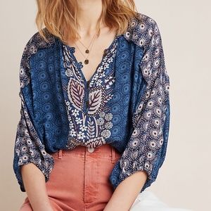 Maeve for Anthropologie Letizia Ruffled Blouse in Blue Motif women size L